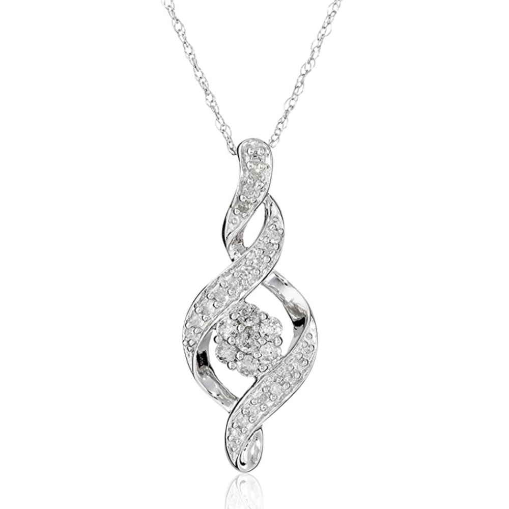 Diamond & 10K White Gold Spiral Twisted Floral Necklace Pendant